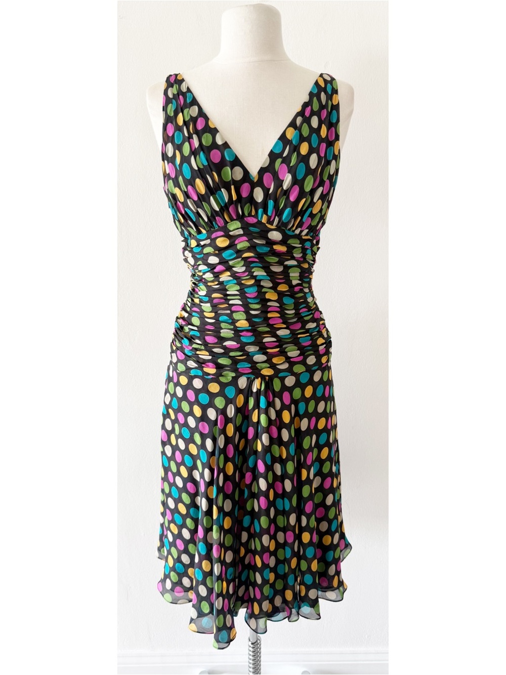 Vintage Y2K Silk Bryan Bradley Colorful Polka Dots Ruched Cocktail Dress